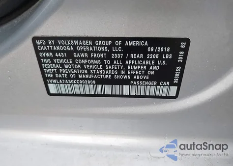 2019 Volkswagen Passat 2.0T Wolfsburg Edition from USA, damaged, VIN 1VWLA7A30KC002809